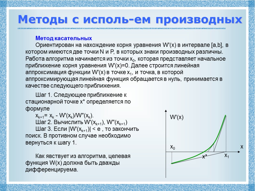 Методы с исполь-ем производных Метод касательных Ориентирован на нахождение корня уравнения W'(x) в интервале